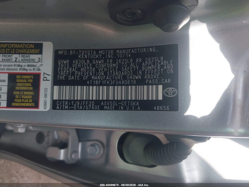2015 Toyota Camry VIN 4T1BF1FK3FU480618 IAAI salvage auction — RIGHT FRONT, Salvage (Indiana), sold $825 on 2026-07-22 (photo 9)