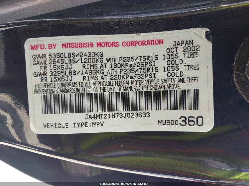 2003 Mitsubishi Montero VIN JA4MT21H73J023633 IAAI salvage auction — NORMAL WEAR, Clear - Dealer Only (California), sold $500 on 2026-07-13 (photo 9)