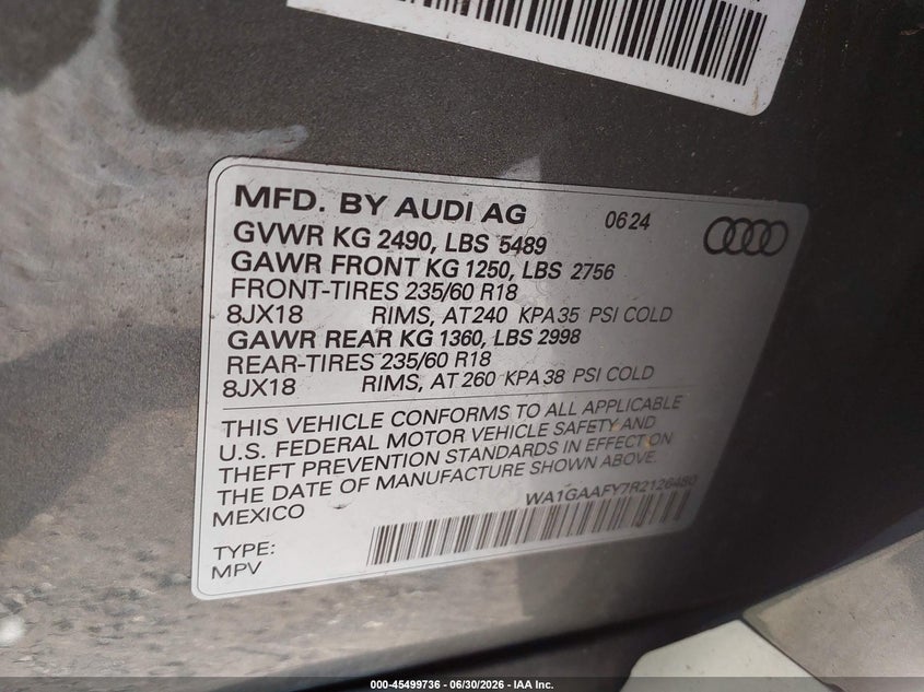 2024 Audi Q5 VIN WA1GAAFY7R2126480 IAAI salvage auction — LEFT FRONT, Salvage (New Jersey), sold $13,200 on 2026-07-30 (photo 9)