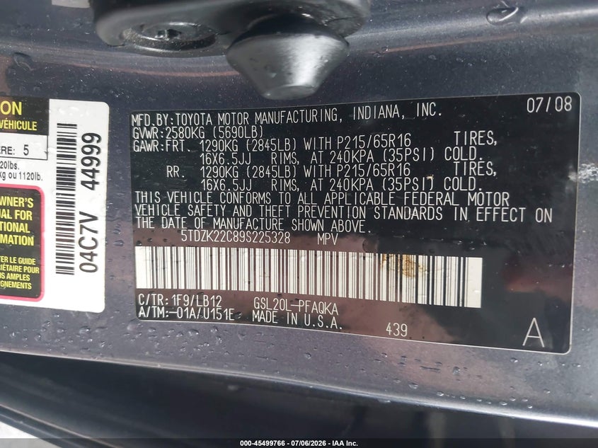 2009 Toyota Sienna VIN 5TDZK22C89S225328 IAAI salvage auction — FRONT END, Mv-907A (New York), sold $475 on 2026-07-28 (photo 9)