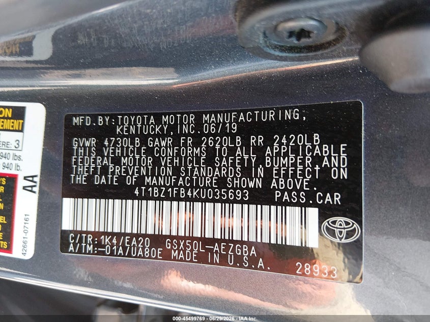 2019 Toyota Avalon VIN 4T1BZ1FB4KU035693 IAAI salvage auction — LEFT FRONT, Salvage Title, sold $8,175 on 2026-07-23 (photo 9)