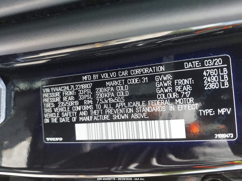 2020 Volvo Xc40 VIN YV4AC2HL7L2318807 IAAI salvage auction — FRONT END, Salvage Title, sold $4,150 on 2026-08-13 (photo 9)