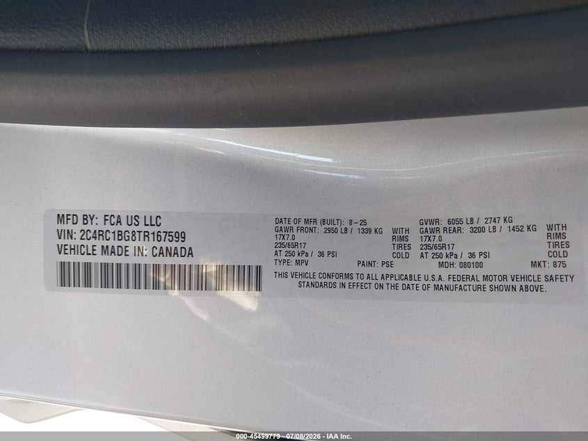 2026 Chrysler Pacifica VIN 2C4RC1BG8TR167599 IAAI salvage auction — WATER/FLOOD, Salvage Title, sold $10,600 on 2026-08-20 (photo 9)
