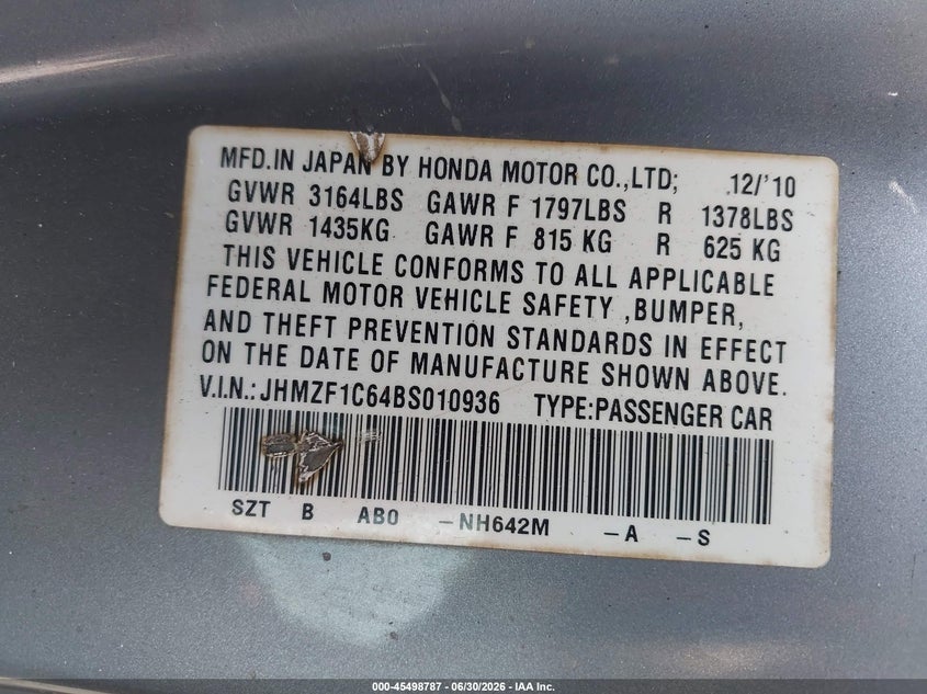 2011 Honda Cr-z VIN JHMZF1C64BS010936 IAAI salvage auction — FRONT END, Rebuildable (Florida), sold $225 on 2026-07-29 (photo 9)