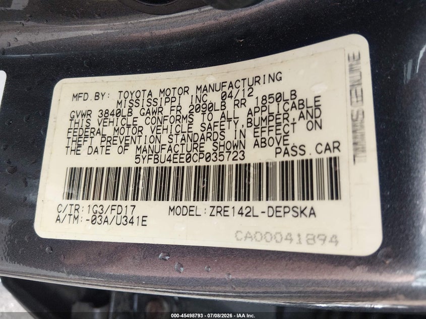 2012 Toyota Corolla VIN 5YFBU4EE0CP035723 IAAI salvage auction — FRONT END, Salvage Title, sold $2,100 on 2026-07-23 (photo 9)