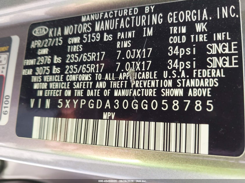 2016 Kia Sorento VIN 5XYPGDA30GG058785 IAAI salvage auction — NORMAL WEAR, Clear (Virginia), sold $2,600 on 2026-07-28 (photo 9)