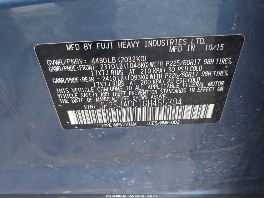2016 Subaru Forester VIN JF2SJADC1GH465304 IAAI salvage auction — LEFT FRONT, Salvage (Pennsylvania), sold $1,350 on 2026-07-14 (photo 9)