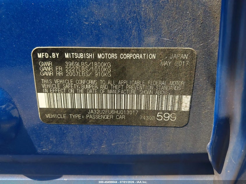 2017 Mitsubishi Lancer VIN JA32U2FU6HU013017 IAAI salvage auction — SIDE, Salvage (Georgia), sold $825 on 2026-07-19 (photo 9)