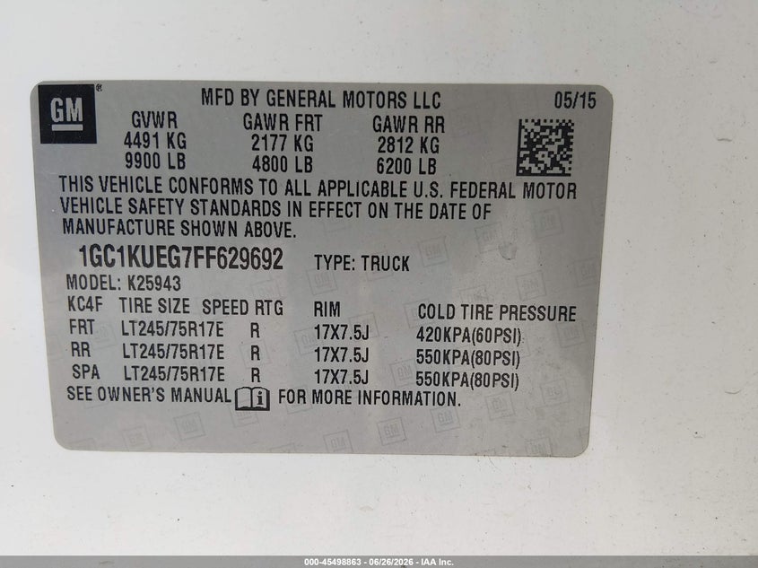 2015 Chevrolet Silverado 2500 VIN 1GC1KUEG7FF629692 IAAI salvage auction — NORMAL WEAR, SF97 (Virginia), sold $18,550 on 2026-07-22 (photo 9)