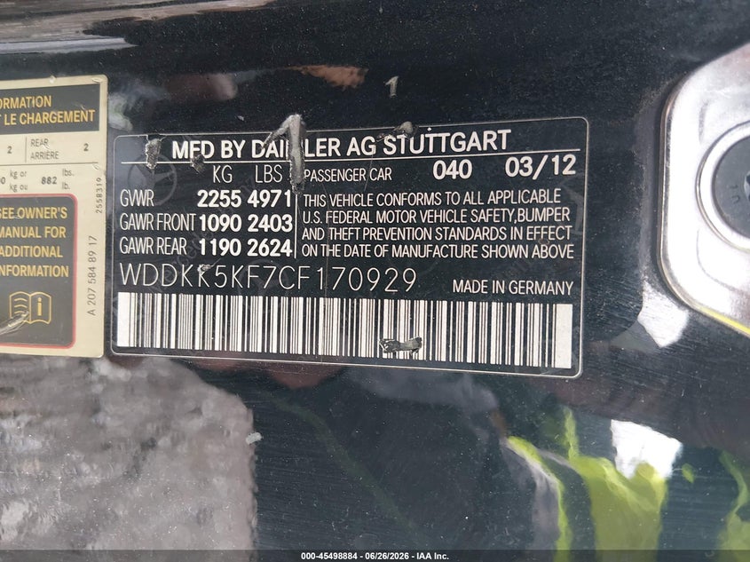 2012 Mercedes-benz E-klasse VIN WDDKK5KF7CF170929 IAAI salvage auction — NORMAL WEAR, Clear (Tennessee), sold $775 on 2026-07-30 (photo 9)