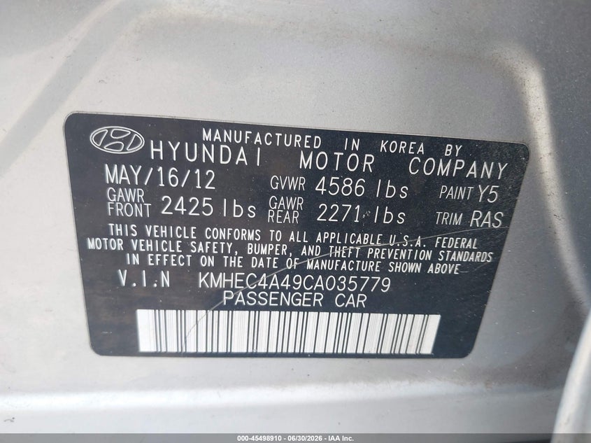 2012 Hyundai Sonata VIN KMHEC4A49CA035779 IAAI salvage auction — FRONT END, Clear (Georgia), sold $475 on 2026-07-31 (photo 9)