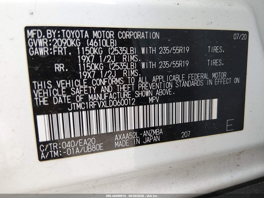 2020 Toyota Rav 4 VIN JTMC1RFVXLD060012 IAAI salvage auction — FRONT END, Salvage (North Carolina), sold $9,200 on 2026-07-27 (photo 9)