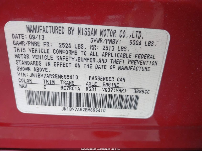 2014 Infiniti Q50 VIN JN1BV7AR2EM695410 IAAI salvage auction — REAR END, Rebuildable (Florida), sold $1,950 on 2026-07-18 (photo 9)