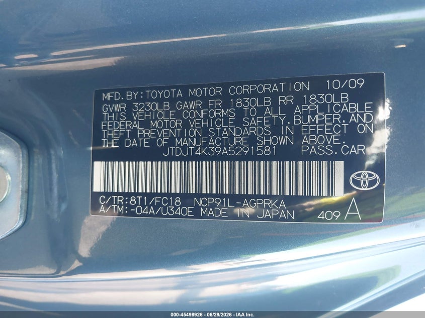 2010 Toyota Yaris VIN JTDJT4K39A5291581 IAAI salvage auction — REAR END, Rebuildable (Florida), sold $775 on 2026-07-21 (photo 9)