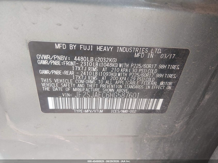 2017 Subaru Forester VIN JF2SJAEC6HG587601 IAAI salvage auction — FRONT END, Salvage (Pennsylvania), sold $25 on 2026-07-15 (photo 9)