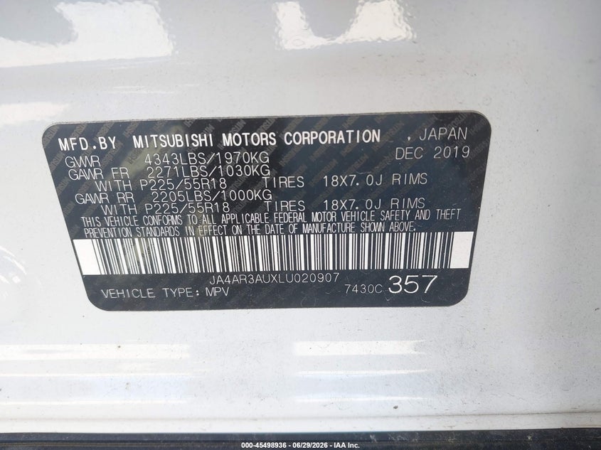 2020 Mitsubishi Outlander VIN JA4AR3AUXLU020907 IAAI salvage auction — NORMAL WEAR, Clear (Georgia), sold $3,650 on 2026-07-07 (photo 9)