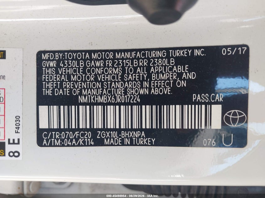 2018 Toyota C-hr VIN NMTKHMBX6JR017224 IAAI salvage auction — REAR END, Mv-907A (New York), sold $4,750 on 2026-07-14 (photo 9)