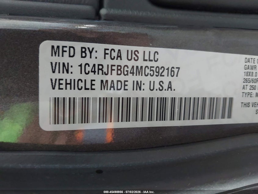 2021 Jeep Grand cherokee VIN 1C4RJFBG4MC592167 IAAI salvage auction — FRONT END, Salvage Title, sold $8,400 on 2026-07-29 (photo 9)