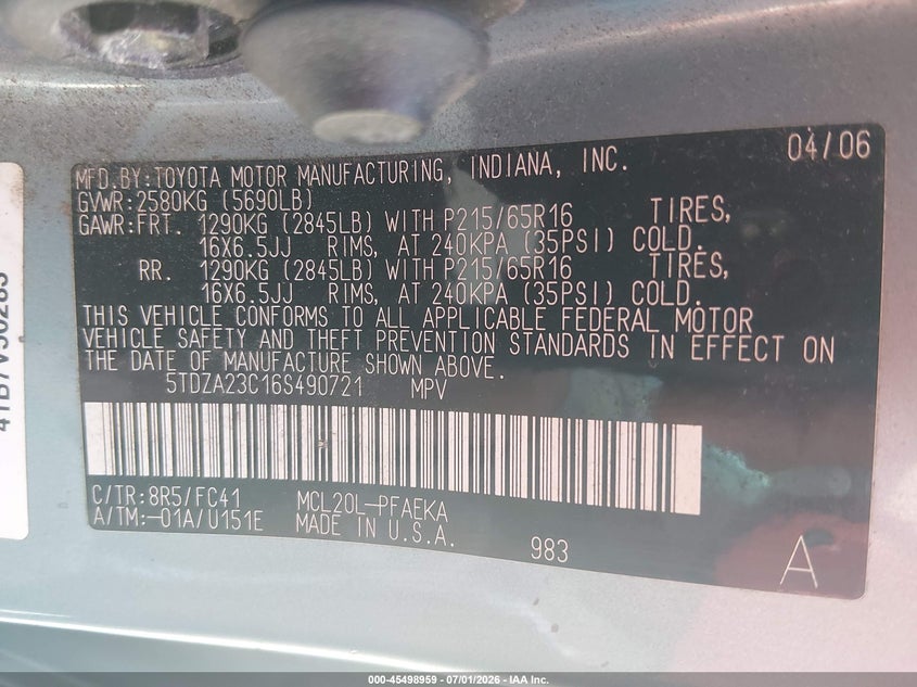 2006 Toyota Sienna VIN 5TDZA23C16S490721 IAAI salvage auction — NORMAL WEAR, Clear (Illinois), sold $650 on 2026-07-14 (photo 9)