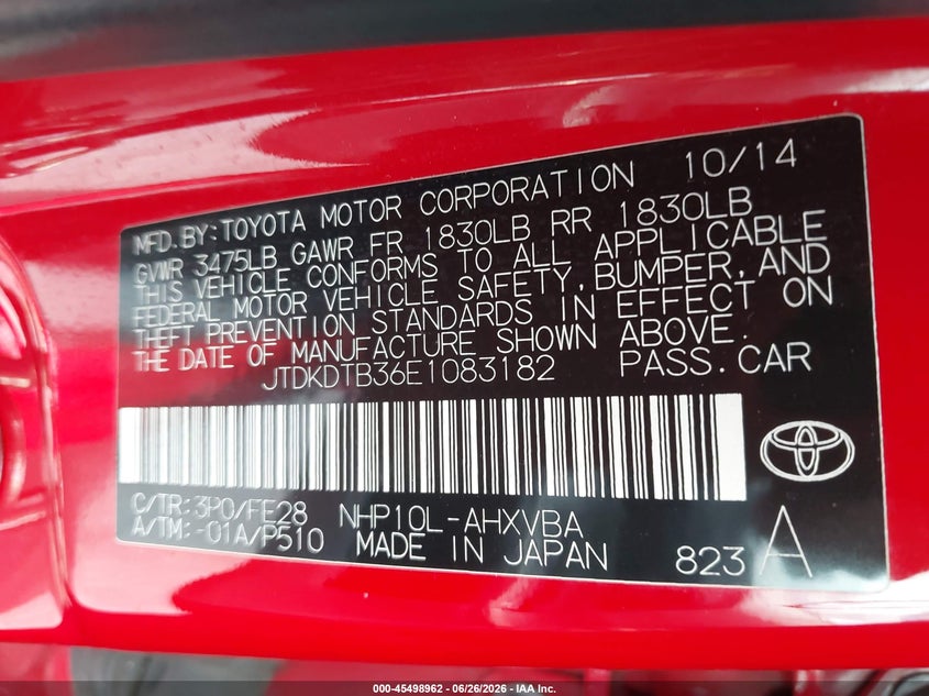 2014 Toyota Prius c VIN JTDKDTB36E1083182 IAAI salvage auction — LEFT FRONT, Rebuildable (Florida), sold $1,500 on 2026-07-30 (photo 9)