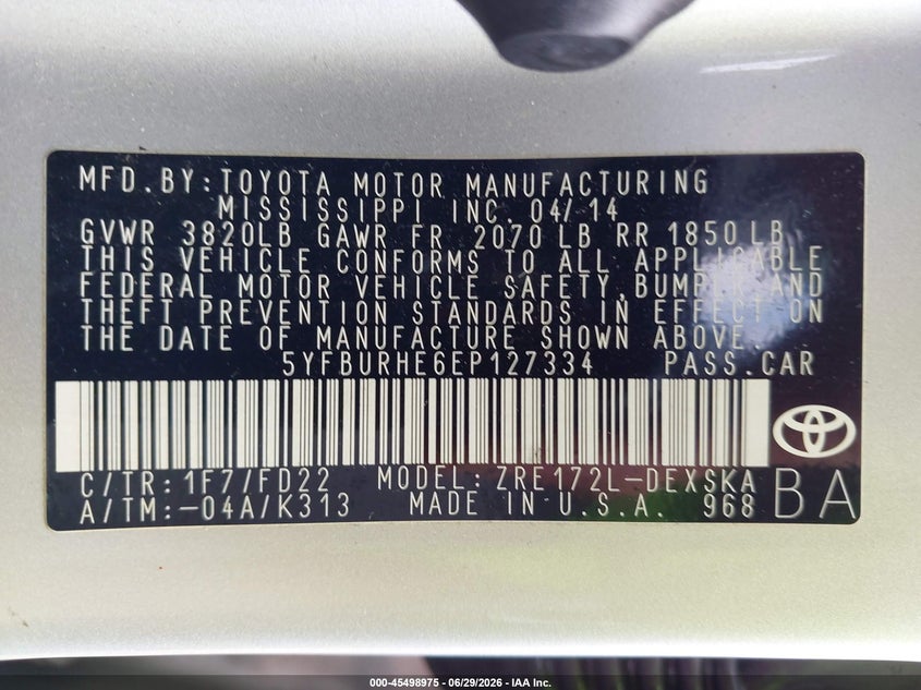 2014 Toyota Corolla VIN 5YFBURHE6EP127334 IAAI salvage auction — REAR END, Salvage Title, sold $2,950 on 2026-07-30 (photo 9)