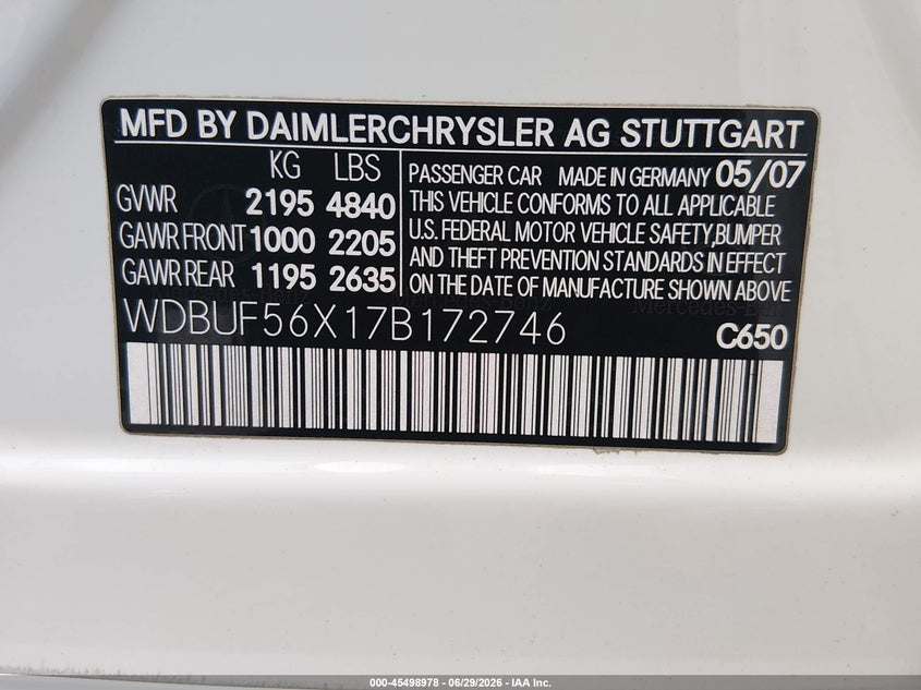 2007 Mercedes-benz E-class VIN WDBUF56X17B172746 IAAI salvage auction — WATER/FLOOD, Salvage (Louisiana), sold $475 on 2026-07-29 (photo 9)