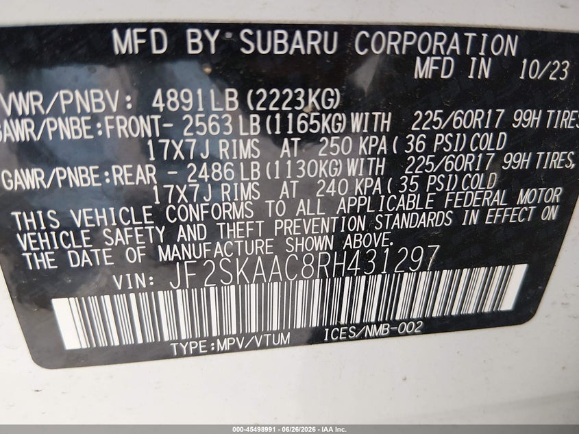 2024 Subaru Forester VIN JF2SKAAC8RH431297 IAAI salvage auction — HAIL, Clear Claim Paid (Wisconsin), sold $8,100 on 2026-07-29 (photo 9)