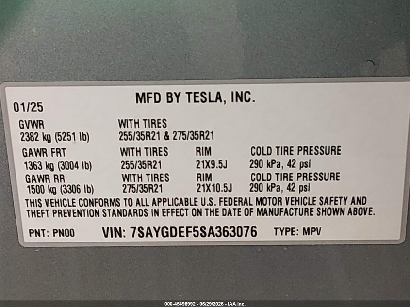 2025 Tesla Model y VIN 7SAYGDEF5SA363076 IAAI salvage auction — LEFT FRONT, Salvage Title, sold $2,050 on 2026-07-31 (photo 9)