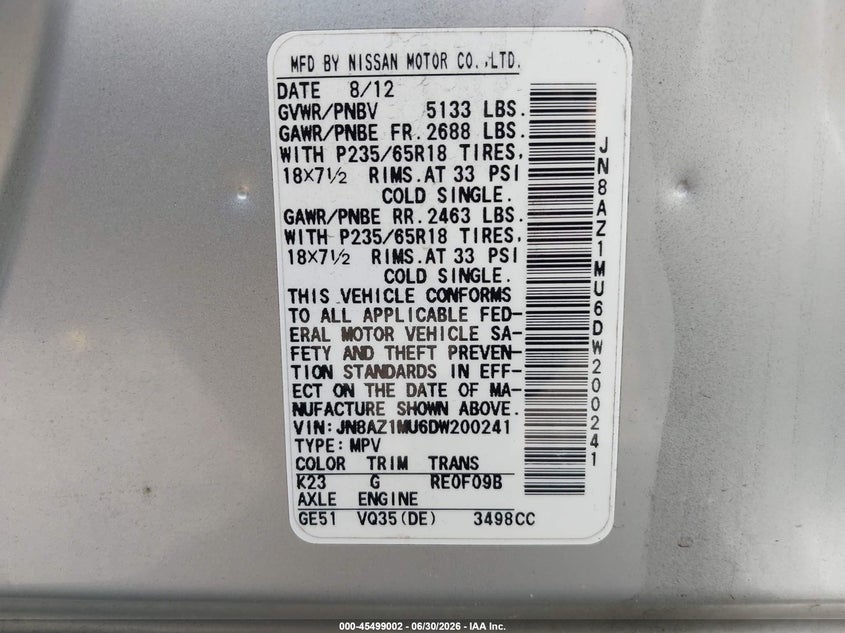 2013 Nissan Murano VIN JN8AZ1MU6DW200241 IAAI salvage auction — FRONT END, Rebuildable (Florida), sold $350 on 2026-07-14 (photo 9)