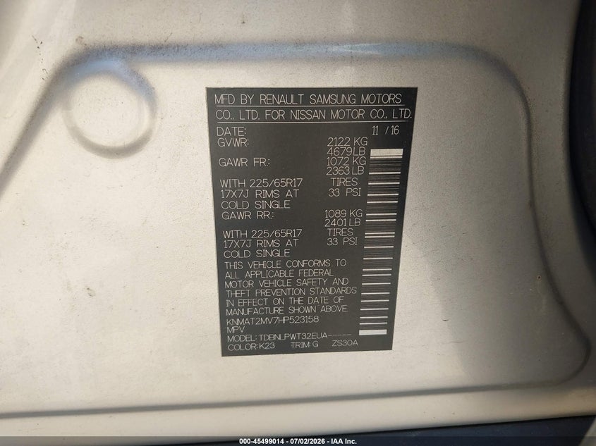 2017 Nissan Rogue VIN KNMAT2MV7HP523158 IAAI salvage auction — LEFT FRONT, Salvage Title, sold $1,375 on 2026-07-22 (photo 9)