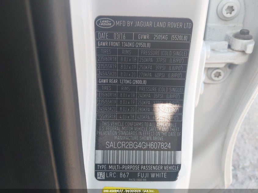 2016 Land rover Discovery sport VIN SALCR2BG4GH607824 IAAI salvage auction — RIGHT SIDE, Salvage (Texas), sold $1,500 on 2026-07-23 (photo 9)