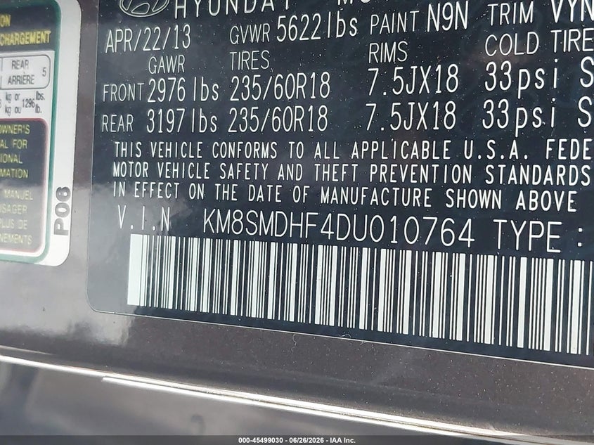 2013 Hyundai Santa fe VIN KM8SMDHF4DU010764 IAAI salvage auction — FRONT END, Clear (New Hampshire), sold $925 on 2026-07-07 (photo 9)