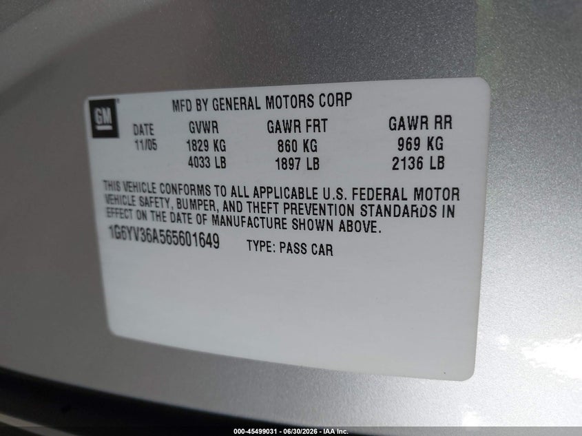 2006 Cadillac Xlr VIN 1G6YV36A565601649 IAAI salvage auction — LEFT FRONT, Clear (New York), sold $8,250 on 2026-07-08 (photo 9)