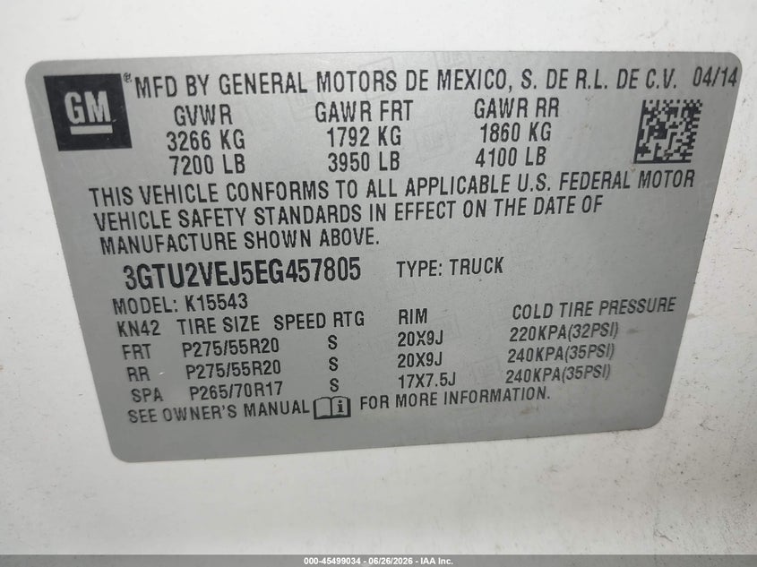 2014 Gmc SIERRA VIN 3GTU2VEJ5EG457805 IAAI salvage auction — NORMAL WEAR, Clear - Public Restricted (Oklahoma), sold $5,100 on 2026-07-20 (photo 9)