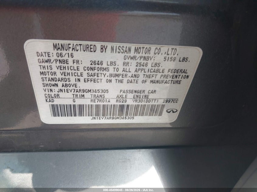 2016 Infiniti Q50 VIN JN1EV7AR9GM345305 IAAI salvage auction — FRONT & REAR, Repossession Paperwork (Georgia), sold $550 on 2026-07-21 (photo 9)