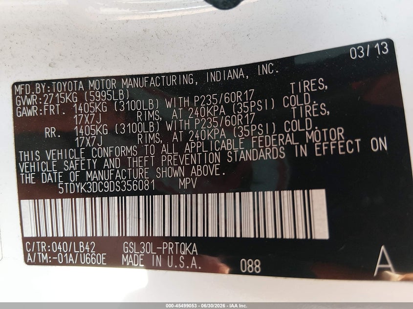 2013 Toyota Sienna VIN 5TDYK3DC9DS356081 IAAI salvage auction — REAR END, Salvage Title, sold $2,050 on 2026-07-17 (photo 9)