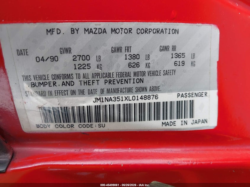 1990 Mazda Mx-5 miata VIN JM1NA351XL0148876 IAAI salvage auction — NORMAL WEAR, Original (Ohio), sold $375 on 2026-07-30 (photo 9)