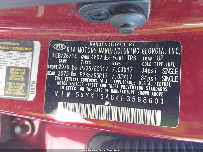 2015 Kia Sorento VIN 5XYKT3A64FG568601 IAAI salvage auction — SIDE, Rebuildable (Florida), sold $25 on 2026-07-16 (photo 9)