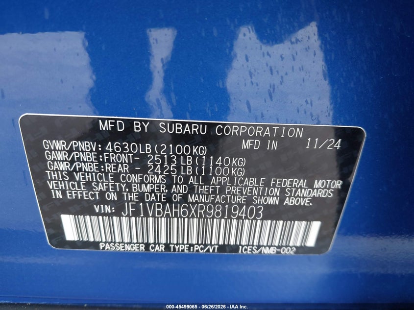 2024 Subaru Wrx VIN JF1VBAH6XR9819403 IAAI salvage auction — REPOSSESSION, Clear (Tennessee), sold $23,250 on 2026-07-08 (photo 9)