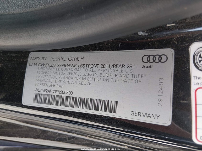 2015 Audi Rs7 VIN WUAW2AFC0FN900309 IAAI salvage auction — FRONT END, Salvage Title, sold $9,400 on 2026-09-08 (photo 9)