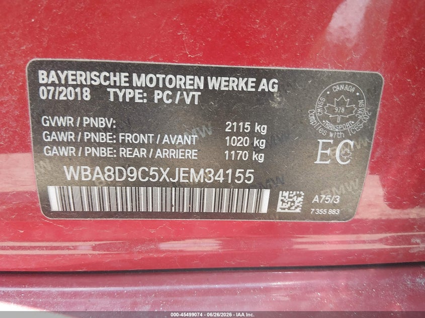 2018 BMW 3er VIN WBA8D9C5XJEM34155 IAAI salvage auction — REAR END, Salvage (Georgia), sold $3,500 on 2026-07-30 (photo 9)