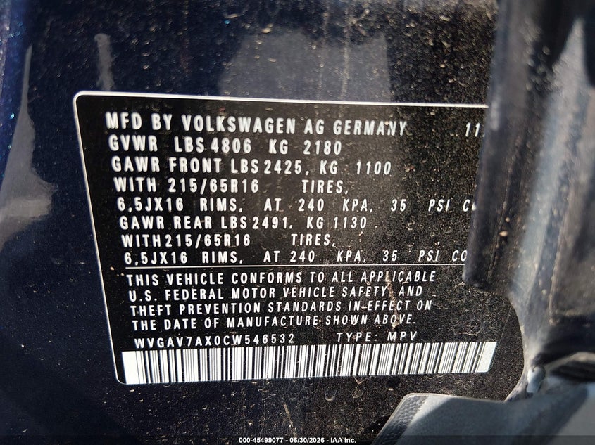 2012 Volkswagen Tiguan VIN WVGAV7AX0CW546532 IAAI salvage auction — REAR END, Salvage (New Jersey), sold $500 on 2026-08-17 (photo 9)