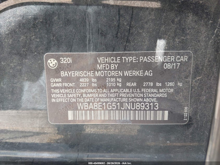 2018 BMW 3er VIN WBA8E1G51JNU89313 IAAI salvage auction — FRONT END, Salvage (Texas), sold $575 on 2026-07-29 (photo 9)
