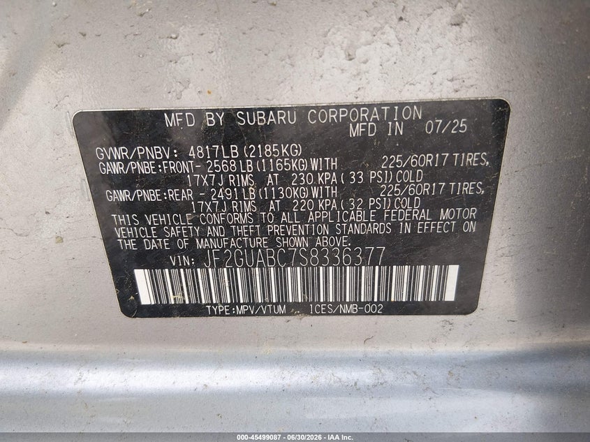 2025 Subaru Xv VIN JF2GUABC7S8336377 IAAI salvage auction — FRONT & REAR, Wait Title, sold $10,000 on 2026-08-25 (photo 9)
