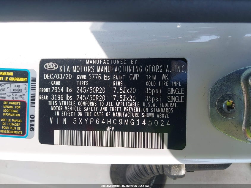 2021 Kia Telluride VIN 5XYP64HC9MG145024 IAAI salvage auction — RIGHT SIDE, Clear (South Carolina), sold $4,450 on 2026-07-28 (photo 9)