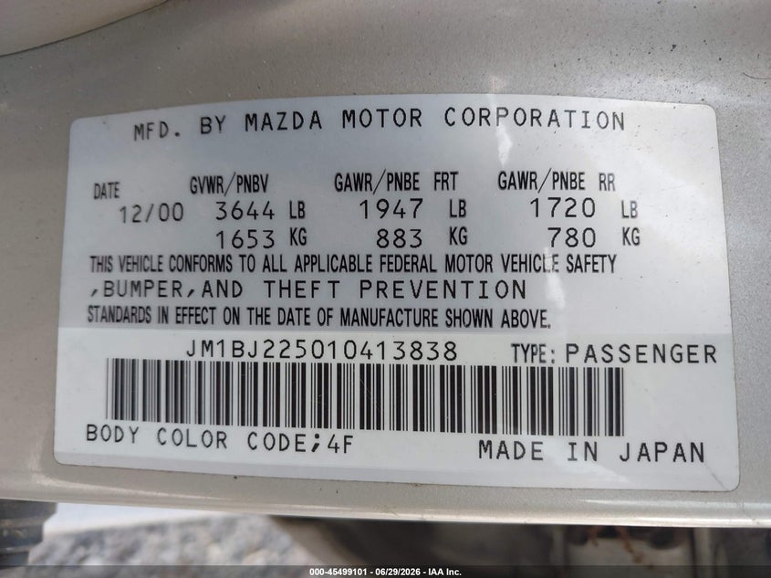 2001 Mazda Protege VIN JM1BJ225010413838 IAAI salvage auction — FRONT END, Salvage (South Carolina), sold $50 on 2026-07-28 (photo 9)