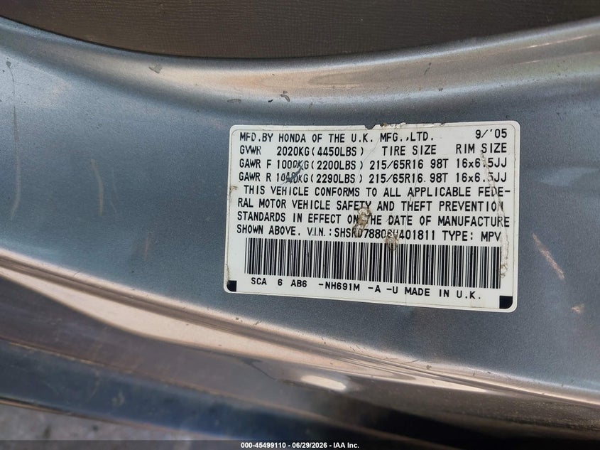 2006 Honda Cr-v VIN SHSRD78806U401811 IAAI salvage auction — NORMAL WEAR, Clear (Massachusetts), sold $1,075 on 2026-07-31 (photo 9)