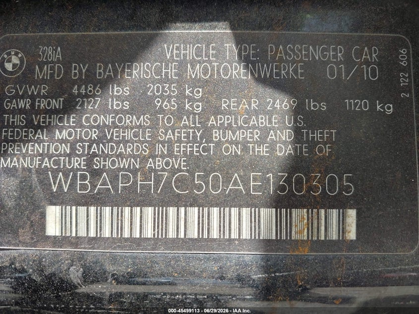 2010 BMW 3 series VIN WBAPH7C50AE130305 IAAI salvage auction — NORMAL WEAR, Original (Texas), sold $75 on 2026-07-29 (photo 9)
