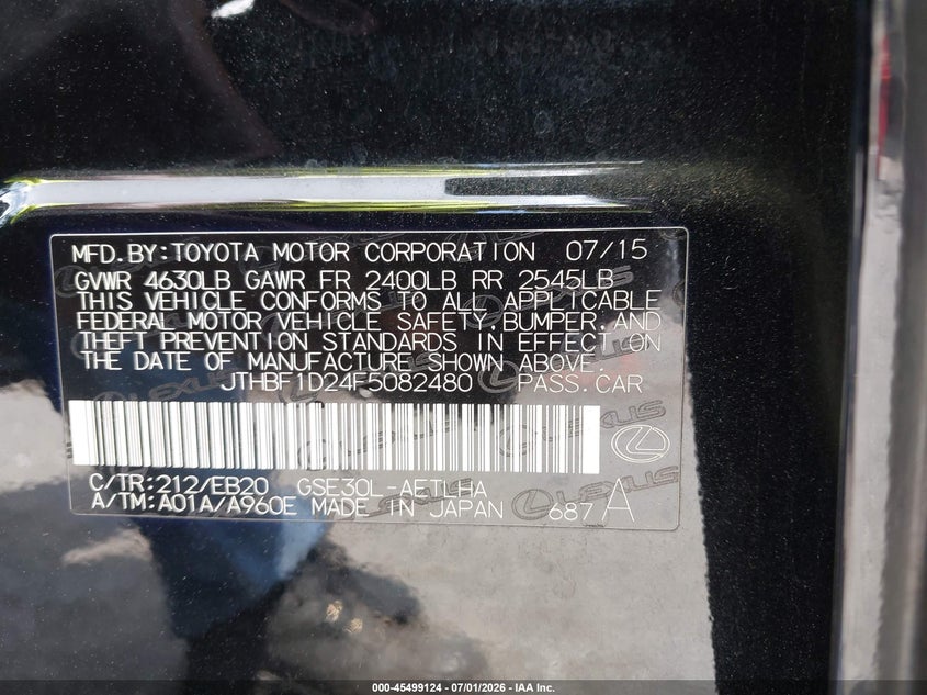 2015 Lexus Is VIN JTHBF1D24F5082480 IAAI salvage auction — LEFT FRONT, Salvage (North Carolina), sold $6,800 on 2026-07-23 (photo 9)
