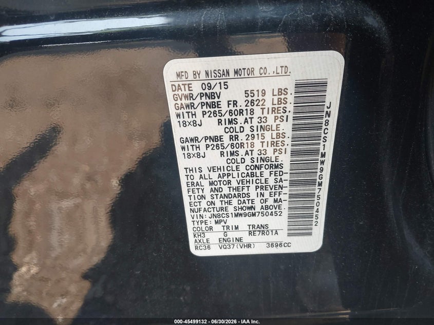 2016 Infiniti Qx70 VIN JN8CS1MW9GM750452 IAAI salvage auction — FRONT END, Salvage Title, sold $1,500 on 2026-07-28 (photo 9)